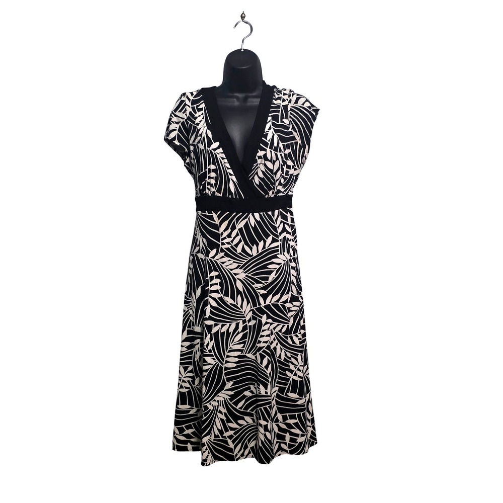 Dressbarn Womens Black White Tropical Leaf V-Neck Midi Dress Size 16